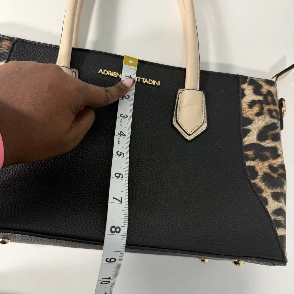 Adrienne Vittadini Black Faux Leather Leopard Print Satchel Handbag
